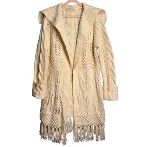 Laura Ashley wool & angora chunky fringe cable knit cream cardigan XL